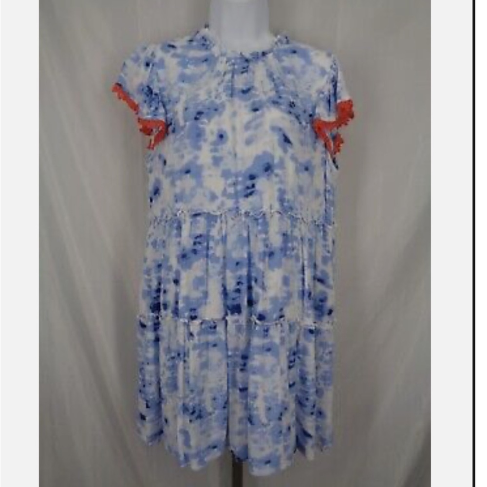 THML‎ Blue White Tie Dye Tiered Mini Dress